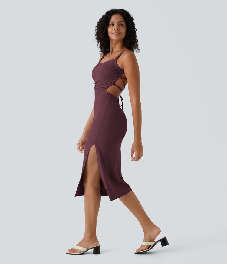 Ruched Backless Crisscross Lace Up Split Bodycon Midi Casual Dress
