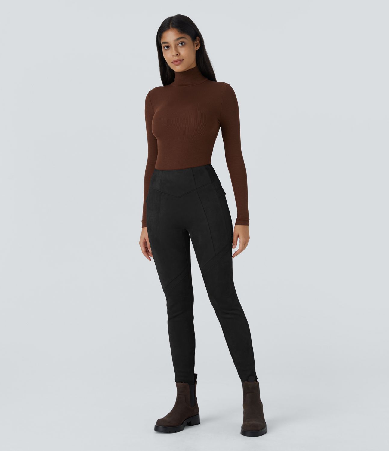 High Waisted Side Pocket Ankle Length Suede Casual Leggings