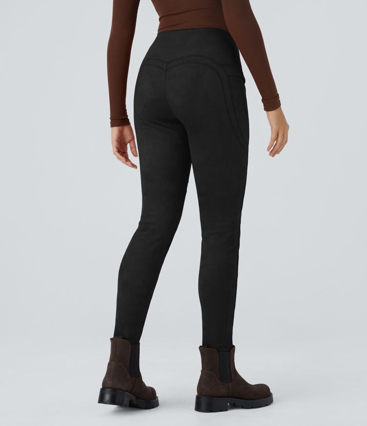 High Waisted Side Pocket Ankle Length Suede Casual Leggings