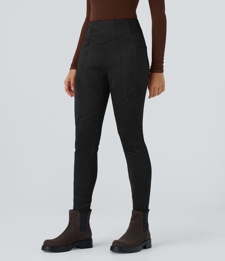 High Waisted Side Pocket Ankle Length Suede Casual Leggings