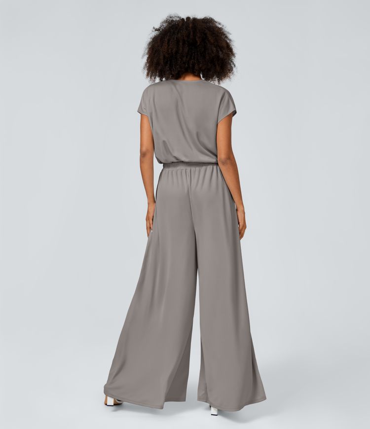 Combinaison Casual Col en V Jambes Large Plissée Manches Courtes Poche Latérale Gaufrée Fluide