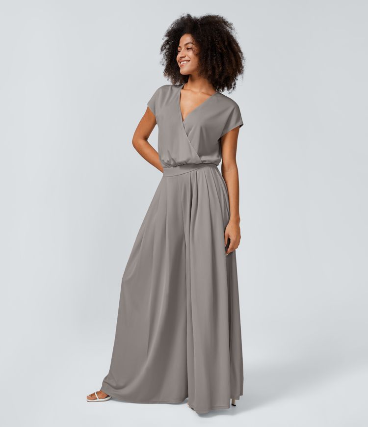 Combinaison Casual Col en V Jambes Large Plissée Manches Courtes Poche Latérale Gaufrée Fluide