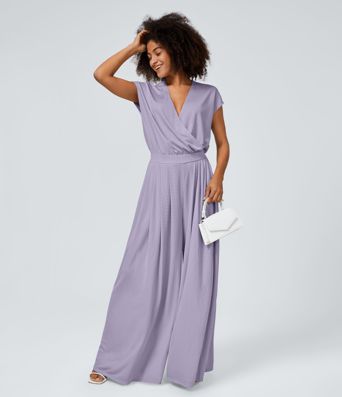 Combinaison Casual Col en V Jambes Large Plissée Manches Courtes Poche Latérale Gaufrée Fluide