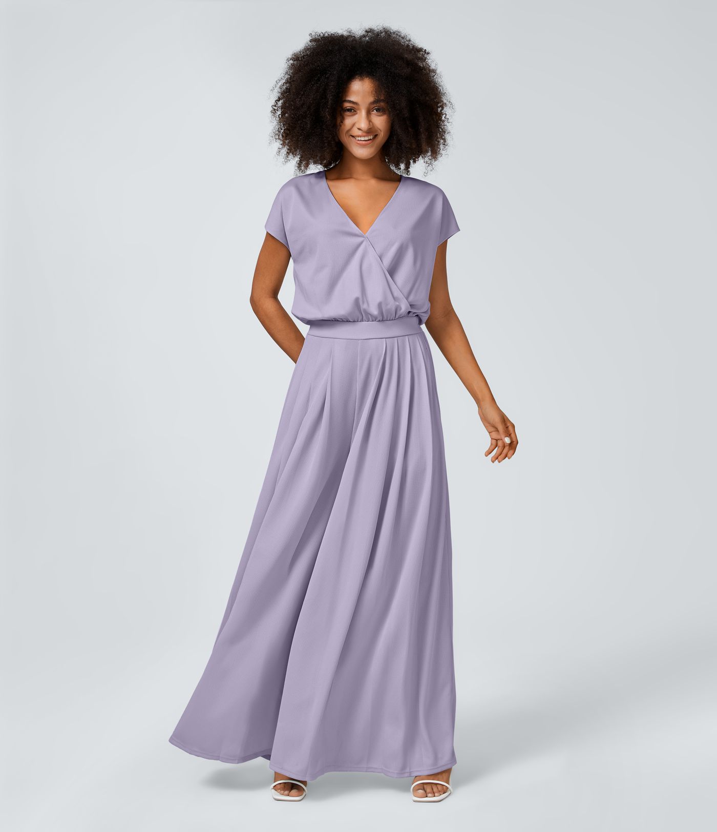 Combinaison Casual Col en V Jambes Large Plissée Manches Courtes Poche Latérale Gaufrée Fluide