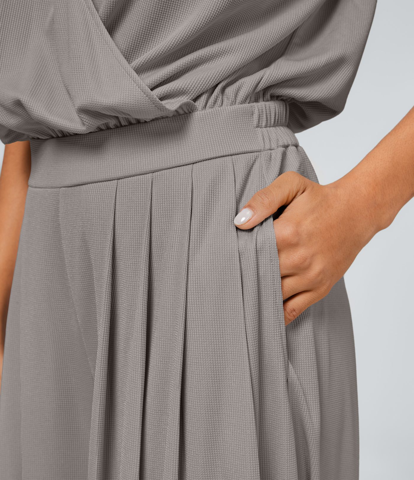 Combinaison Casual Col en V Jambes Large Plissée Manches Courtes Poche Latérale Gaufrée Fluide