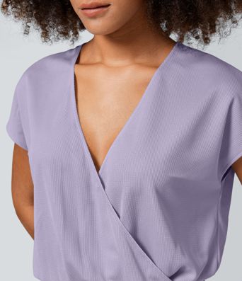 Combinaison Casual Col en V Jambes Large Plissée Manches Courtes Poche Latérale Gaufrée Fluide