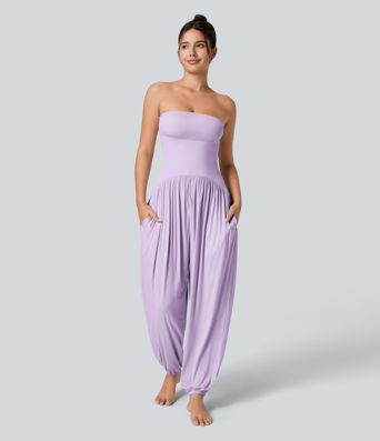 Ribbed Tube Backless Side Pocket Casual Jumpsuit