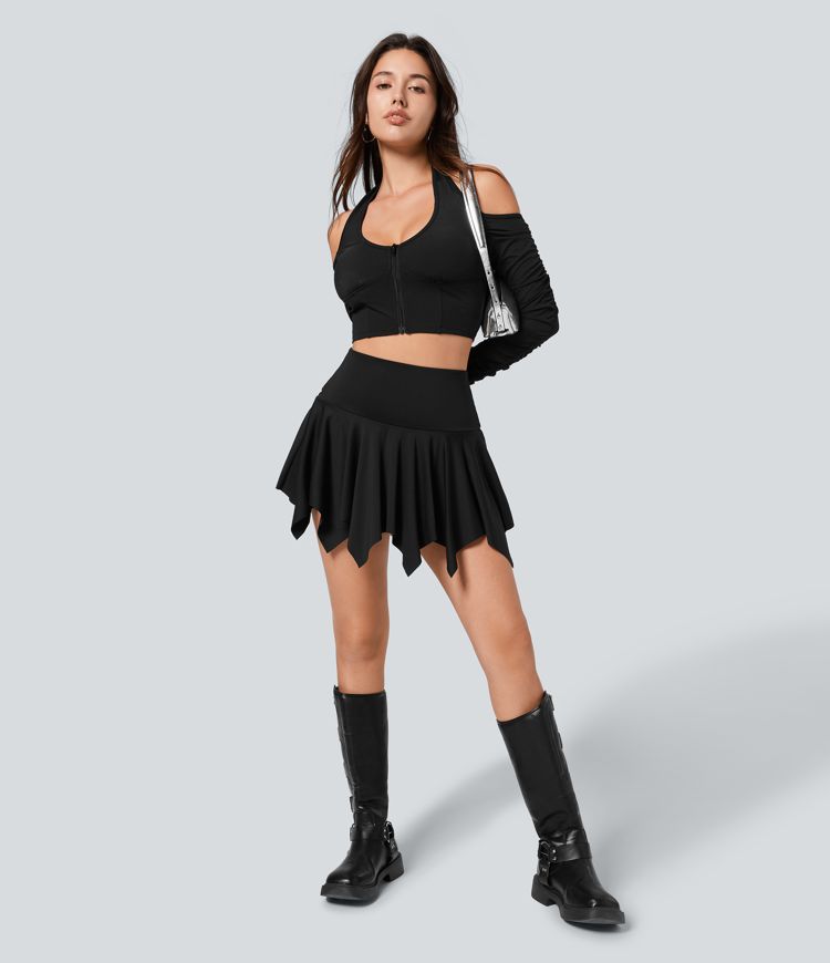 Jupe de Danse Micro Mini à Ourlet Mouchoir avec Poche Taille Haute 2-en-1