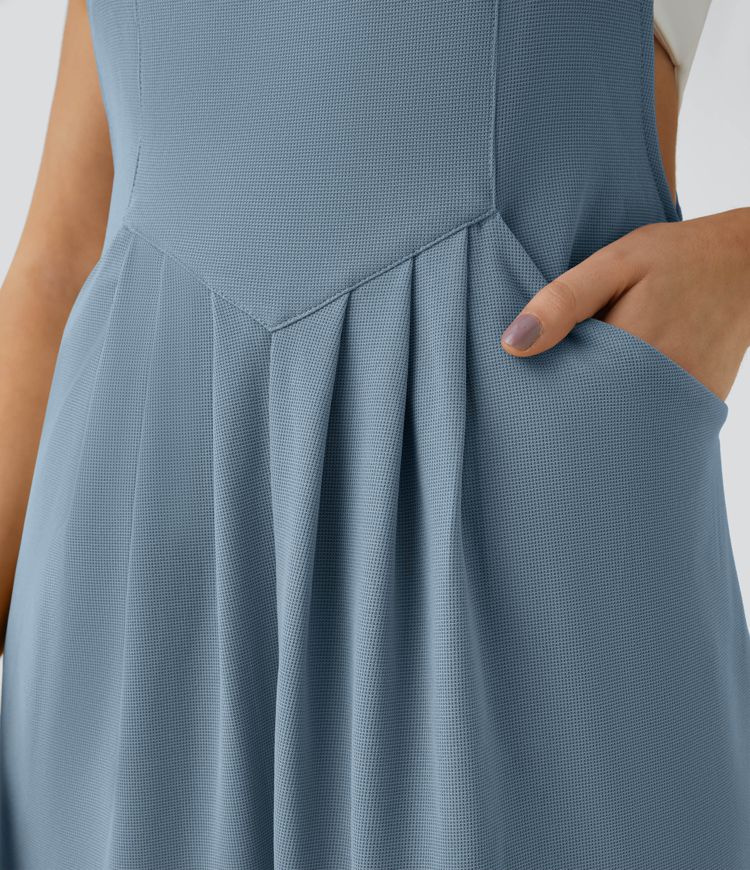 Salopette Casual Bretelles Ajustables Boutonnés Multiples Poches Plis et Tissu Gaufré