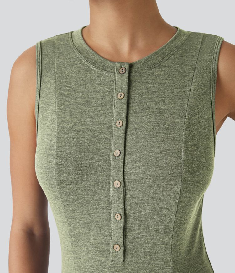 Robe Casual Maxi Col Rond Sans Manches Boutonnés