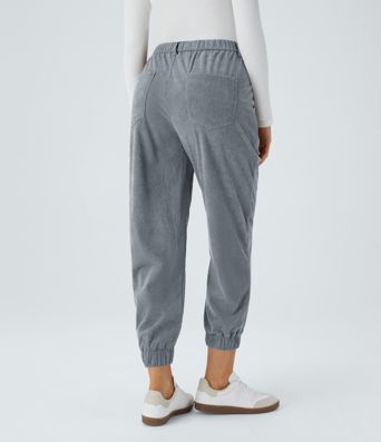 Mid Rise Button Zipper Multiple Pockets Corduroy Casual Joggers