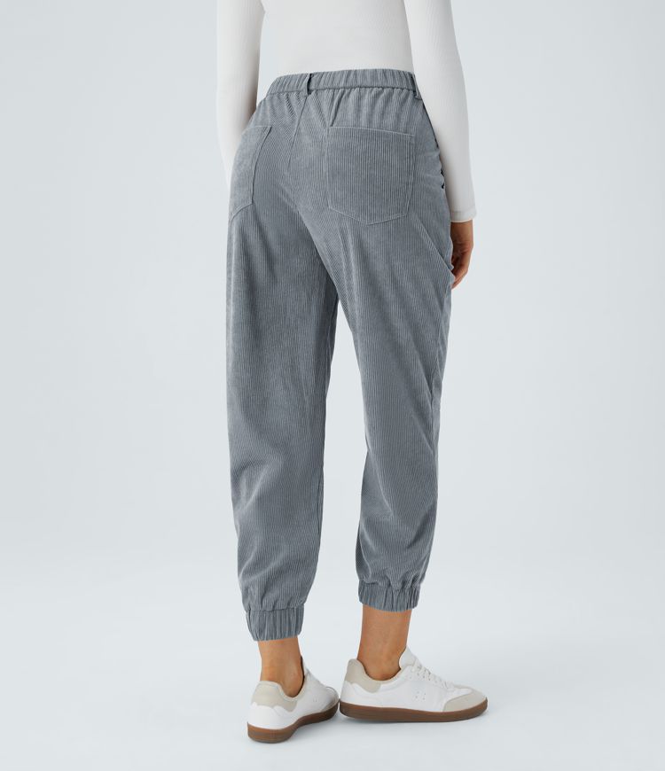 Mid Rise Button Zipper Multiple Pockets Corduroy Casual Joggers