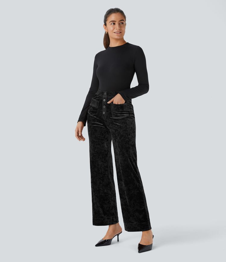 High Waisted Pockets Straight Leg Velvet Casual Pants