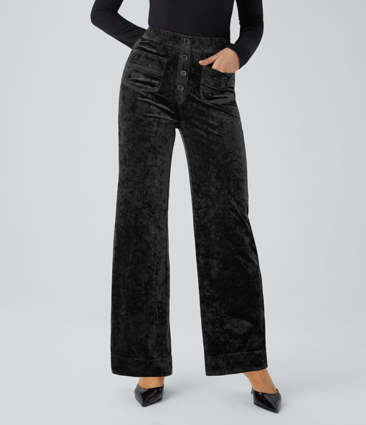 High Waisted Pockets Straight Leg Velvet Casual Pants