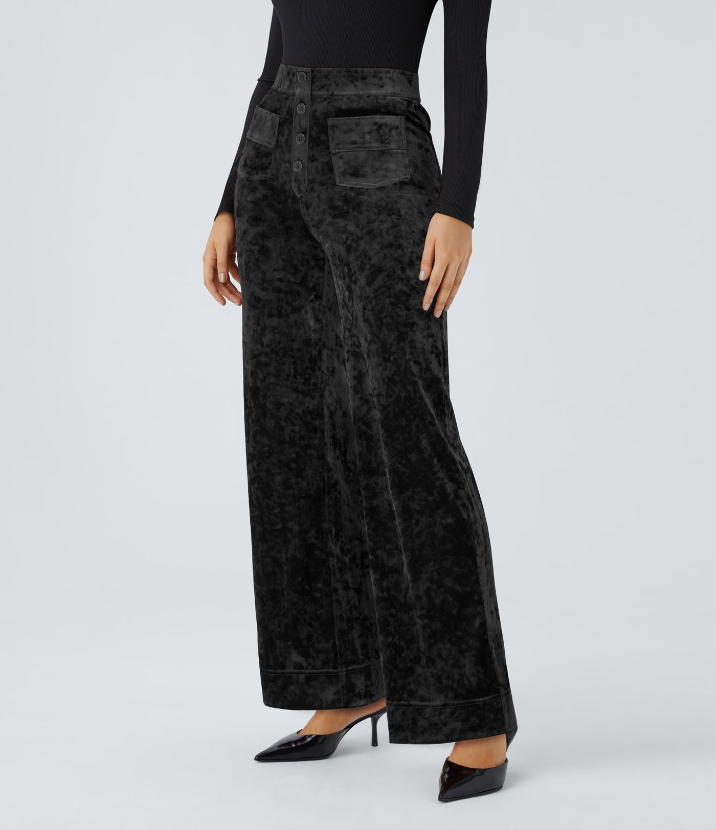 High Waisted Pockets Straight Leg Velvet Casual Pants