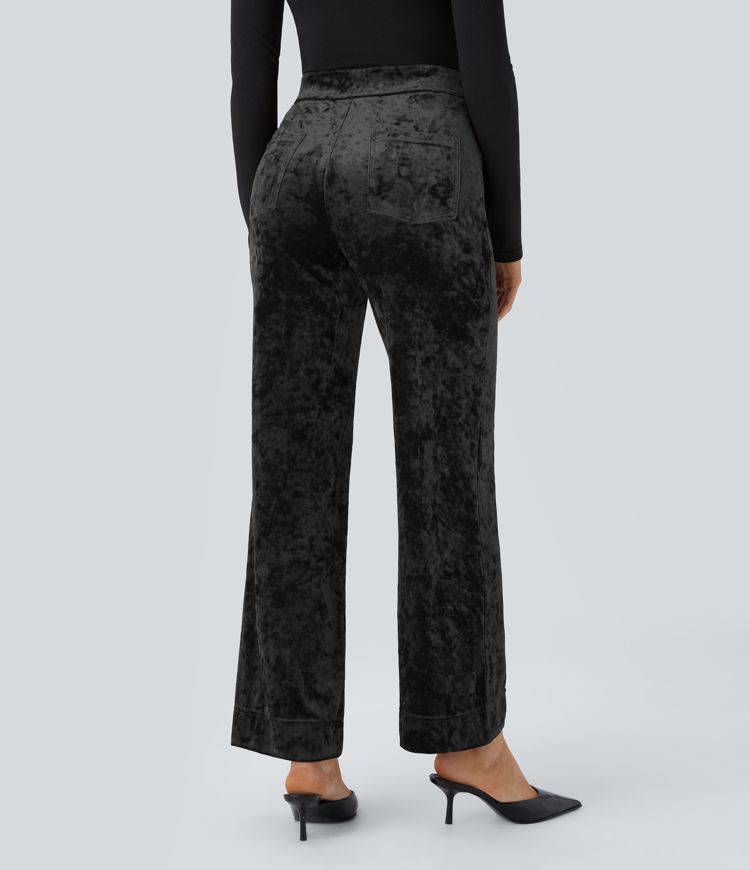 High Waisted Pockets Straight Leg Velvet Casual Pants