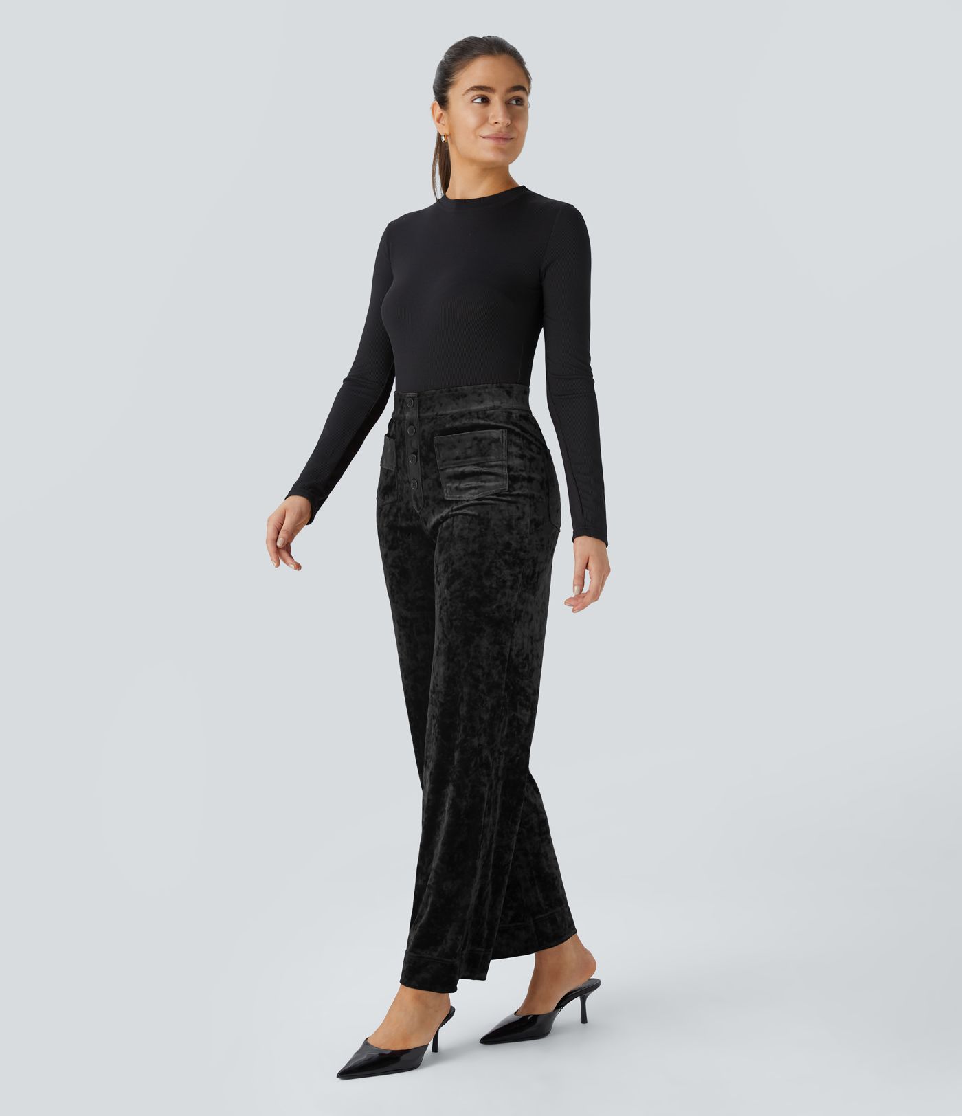 High Waisted Pockets Straight Leg Velvet Casual Pants