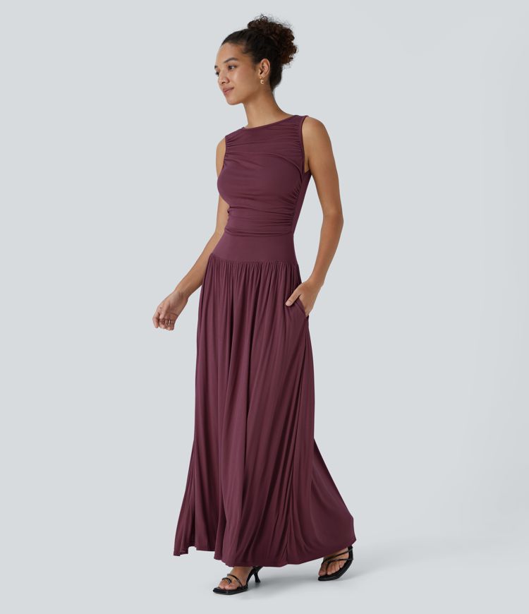Ribbed Boat Neck Asymmetric Strap Ruched Side Pocket Flowy Maxi Casual Dress