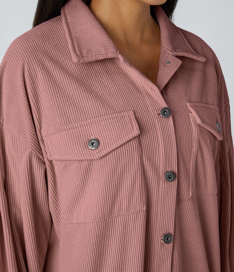 Veste Casual en Velours Côtelé à Col Boutonné Poches et Manches Longues Ourlet Courbé