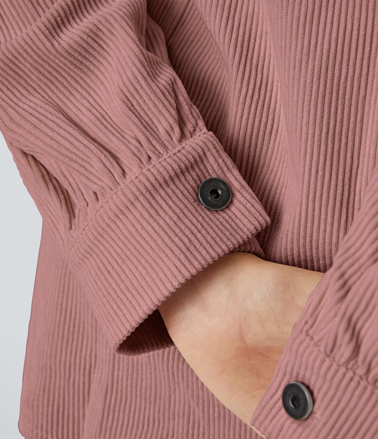 Veste Casual en Velours Côtelé à Col Boutonné Poches et Manches Longues Ourlet Courbé