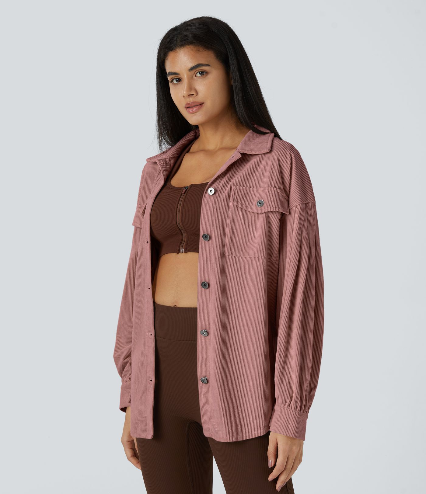 Veste Casual en Velours Côtelé à Col Boutonné Poches et Manches Longues Ourlet Courbé