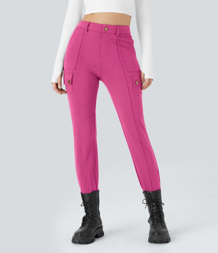 High Waisted Zipper Pockets Solid Skinny Cargo Trousers