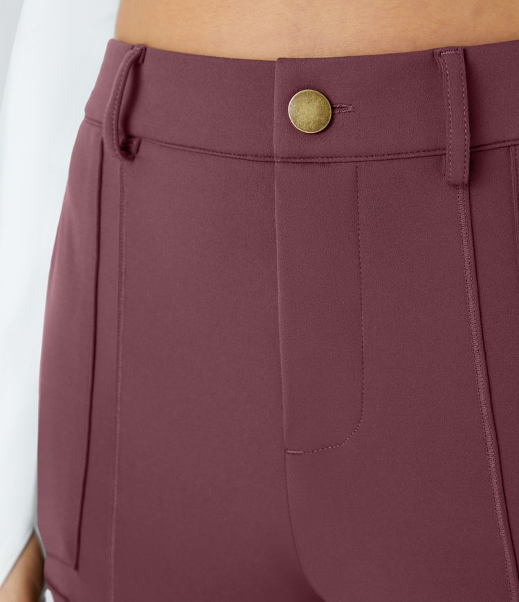 Pantalon Cargo Ajusté Taille Haute Boutonnés Fermeture Éclair Multiples Poches Uni