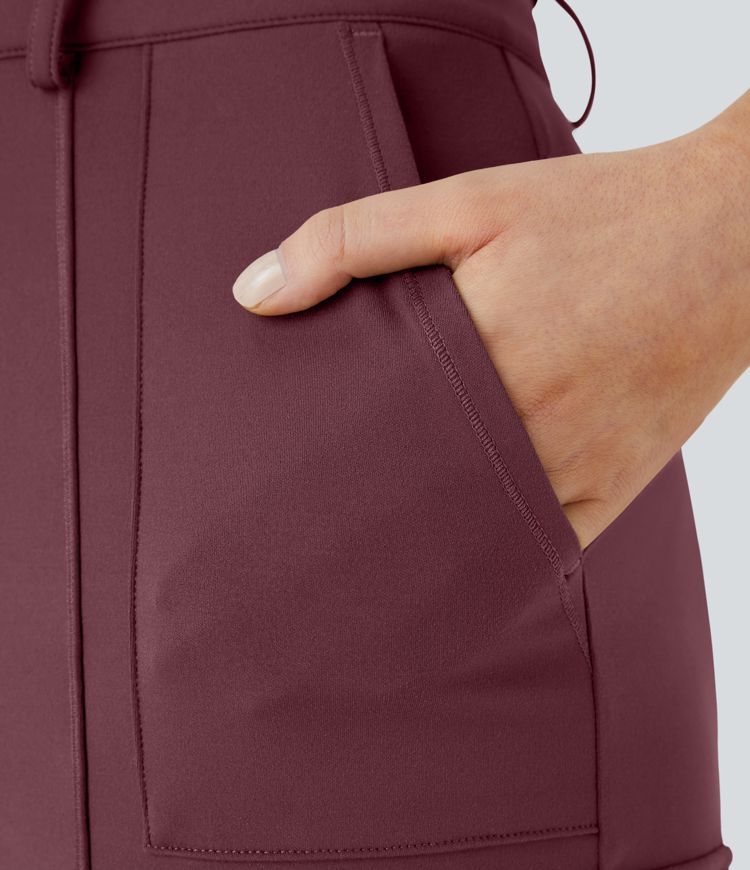 Pantalon Cargo Ajusté Taille Haute Boutonnés Fermeture Éclair Multiples Poches Uni