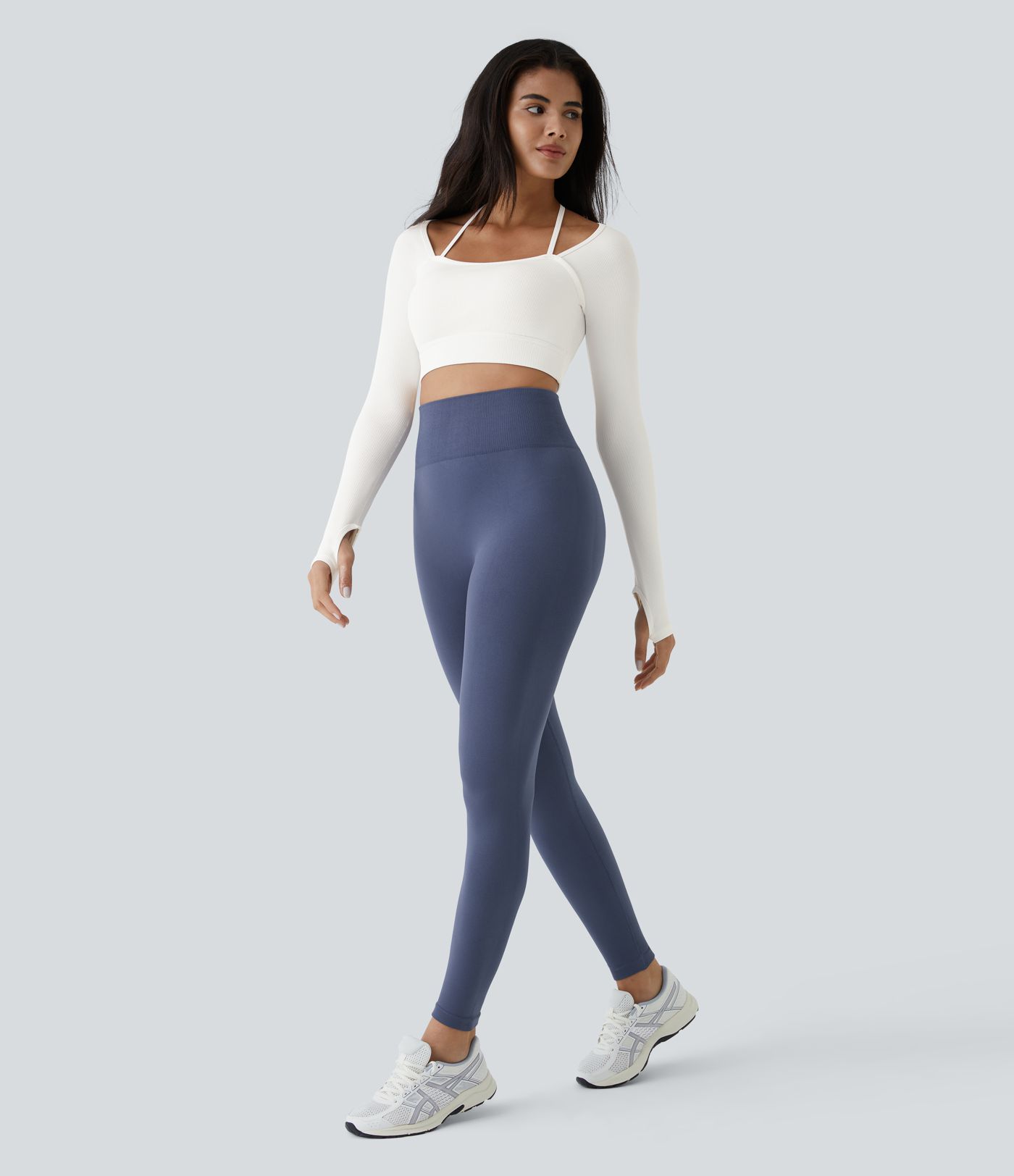 Ribbed Halterneck Strap Thumb Hole Crop Yoga Sports Top