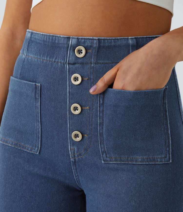 Jeans Halara Flex™ Denim de tiro alto anchos elásticos y con bolsillos y botones