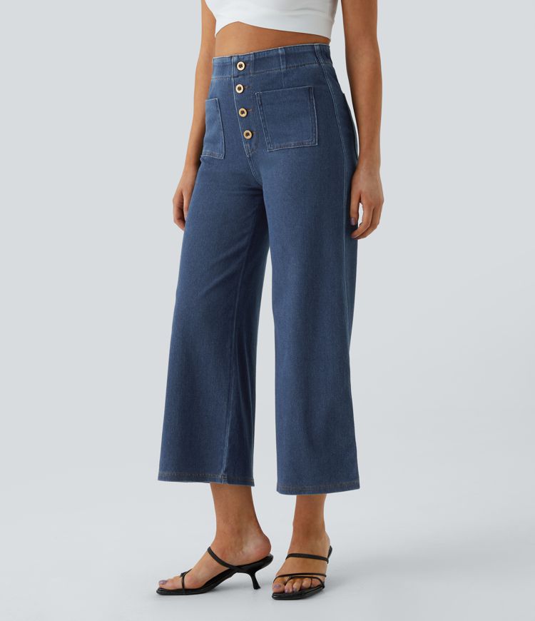 HalaraMagic™ High Waisted Button Pockets Washed Stretchy Knit Casual Wide Leg Jeans