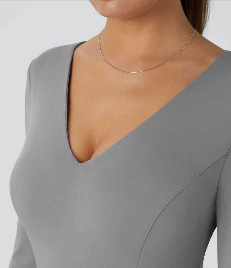 Mono cuello V sin espalda manga larga bolsillo lateral plisado pierna ancha