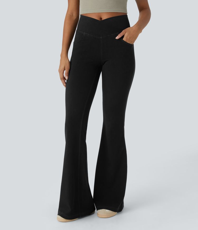 HalaraMagic™ High Waisted Crossover Pocket Cool Touch Washed Stretchy Knit Casual Super Flare Jeans