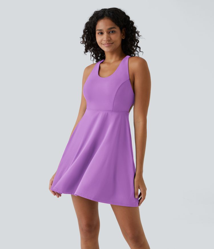 Crisscross Backless Flare 2-Piece Pocket Dance Active Dress