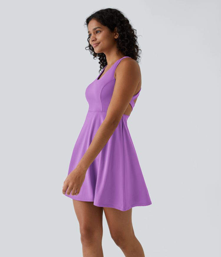 Crisscross Backless Flare 2-Piece Pocket Dance Active Dress