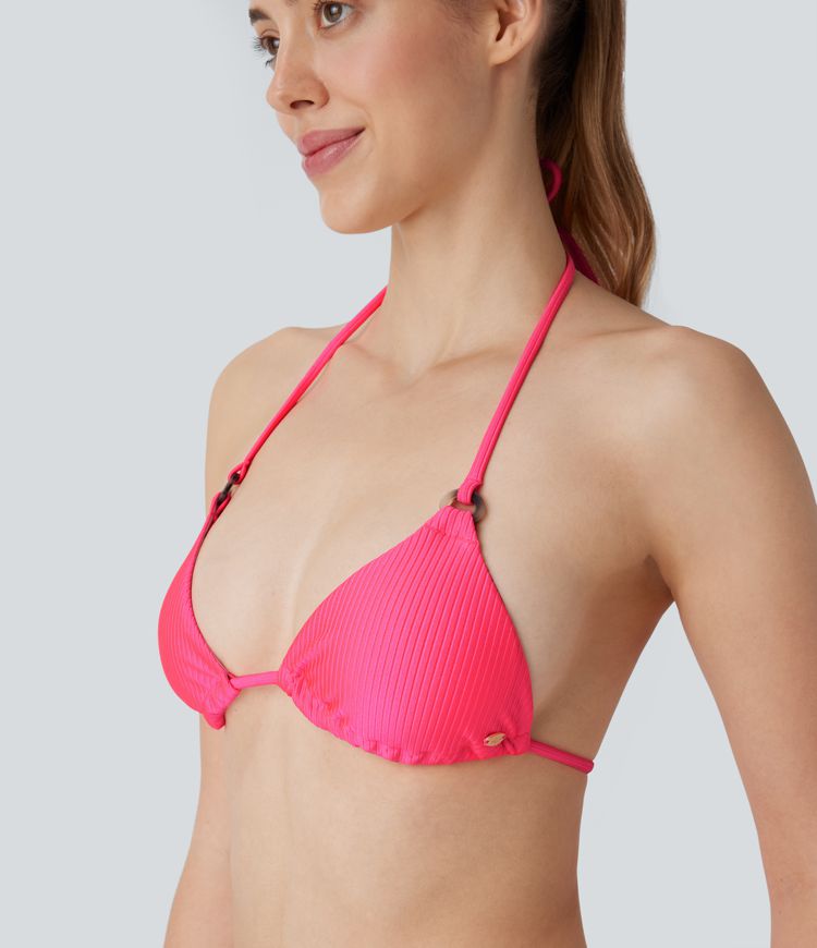 Ribbed Halter Backless Lace Up Triangle Bikini Top Swimsuit