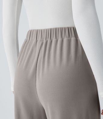 Pantalones casuales anchos de cintura alta con bolsillos y textura de gofre