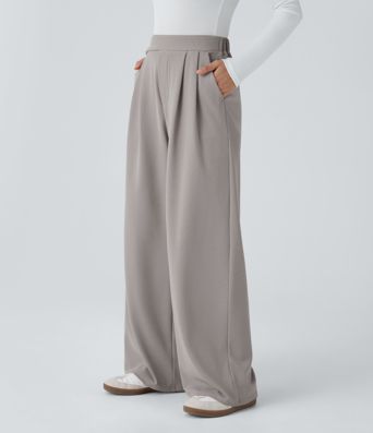 Pantalones casuales anchos de cintura alta con bolsillos y textura de gofre
