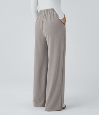 Pantalones casuales anchos de cintura alta con bolsillos y textura de gofre