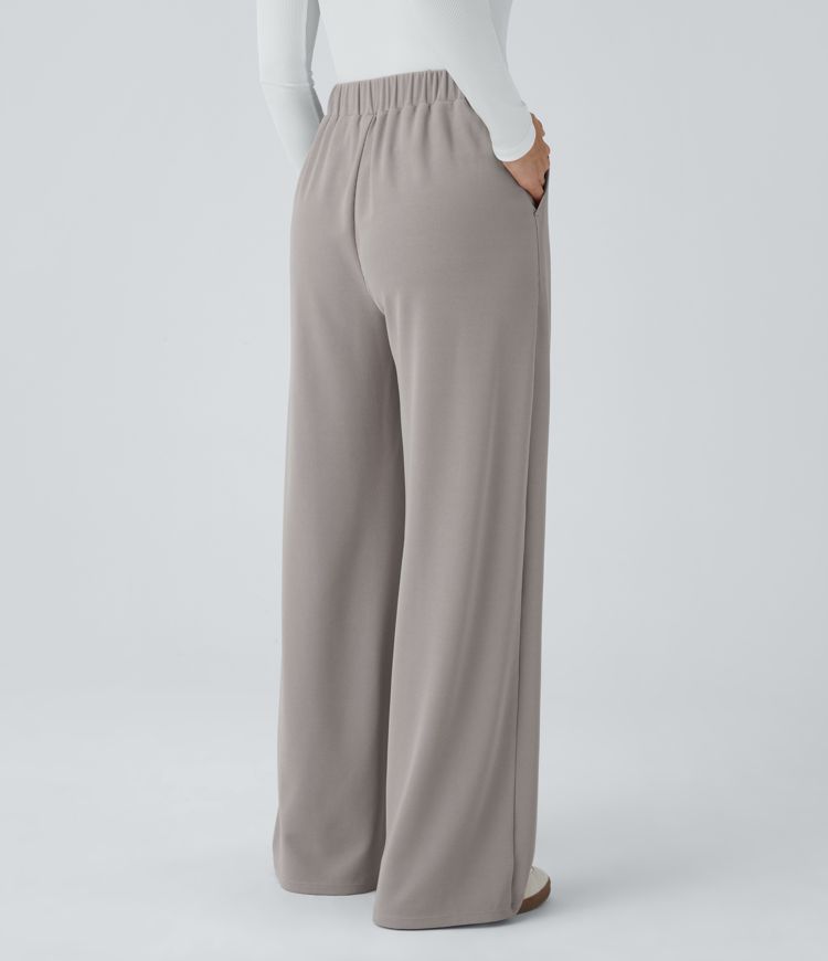 Pantalones casuales anchos de cintura alta con bolsillos y textura de gofre