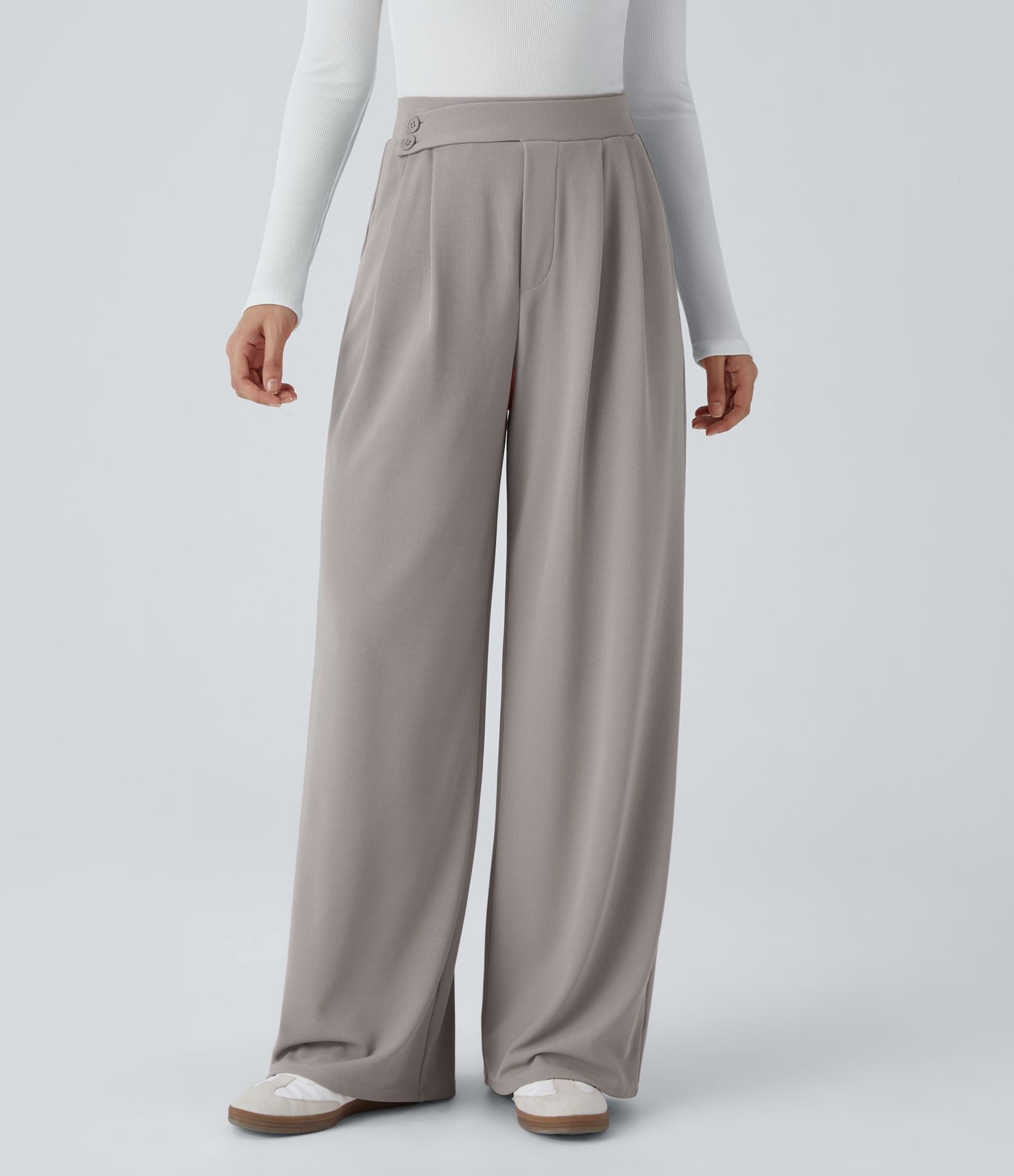 Pantalones casuales anchos de cintura alta con bolsillos y textura de gofre