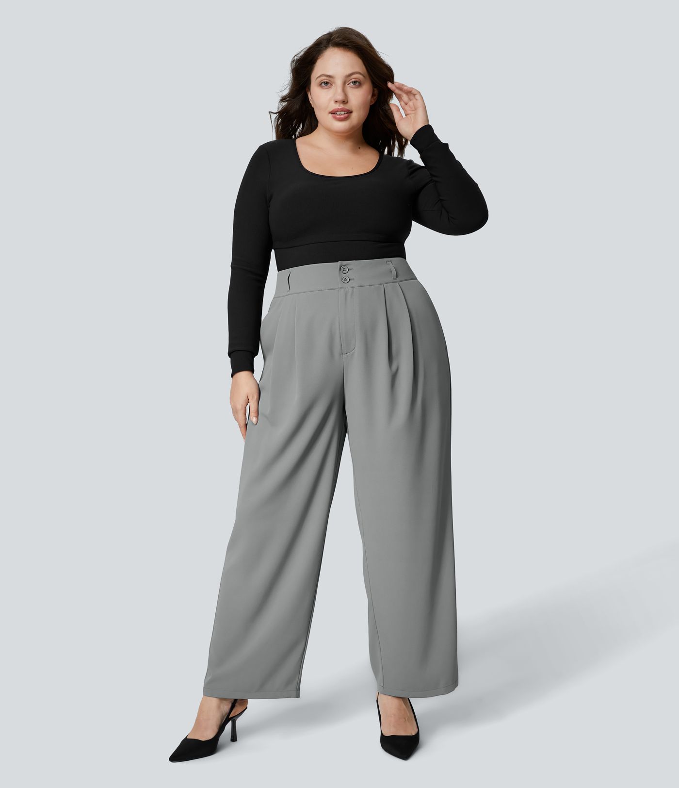 High Waisted Button Zipper Side Pocket Shirred Straight Leg Work Plus Size Pants