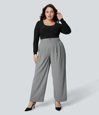 High Waisted Button Zipper Side Pocket Shirred Straight Leg Work Plus Size Pants