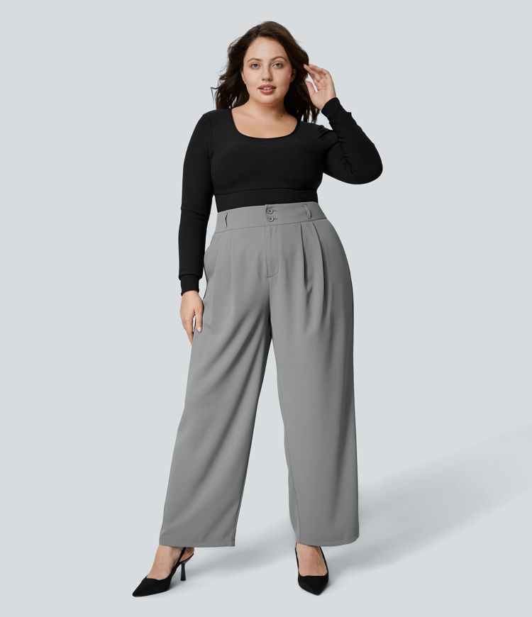 High Waisted Button Zipper Side Pocket Shirred Straight Leg Work Plus Size Pants