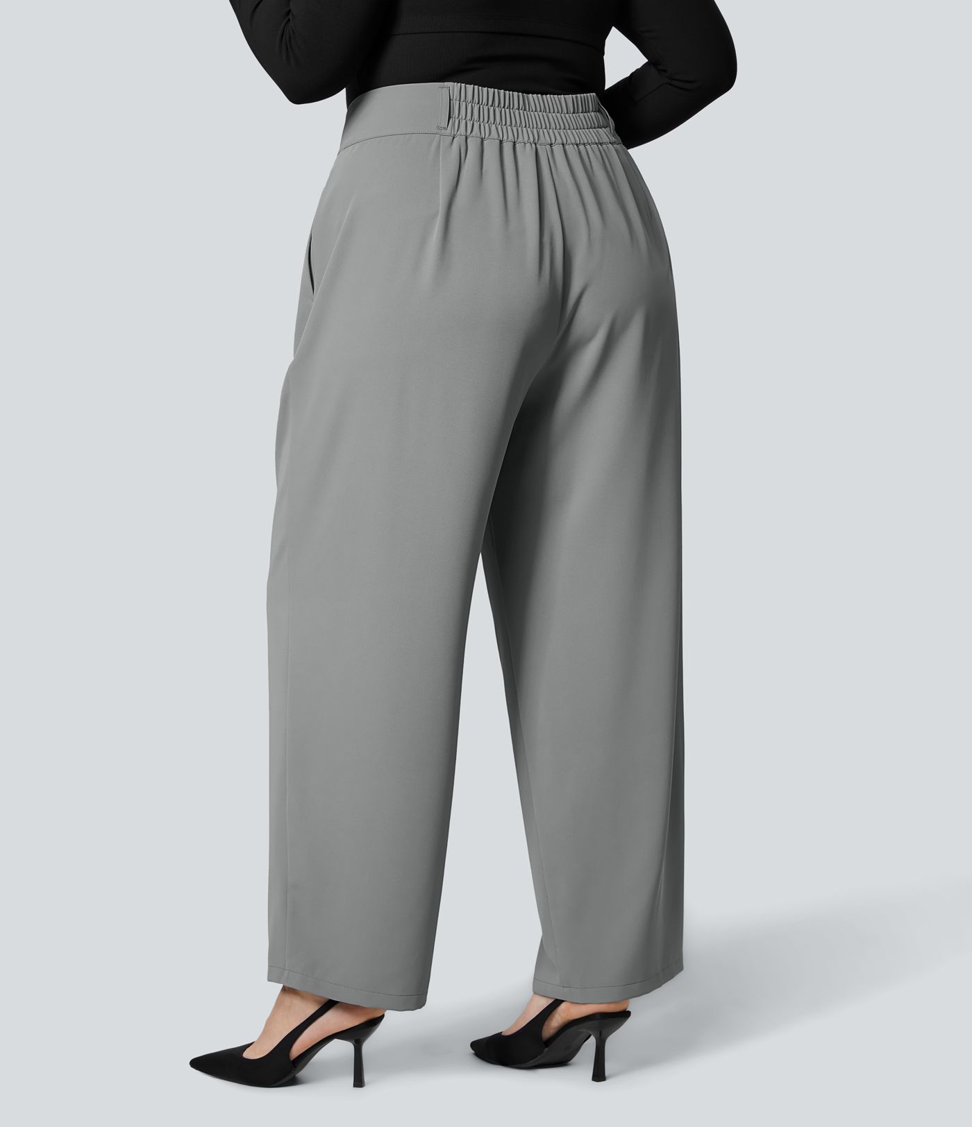 High Waisted Button Zipper Side Pocket Shirred Straight Leg Work Plus Size Pants