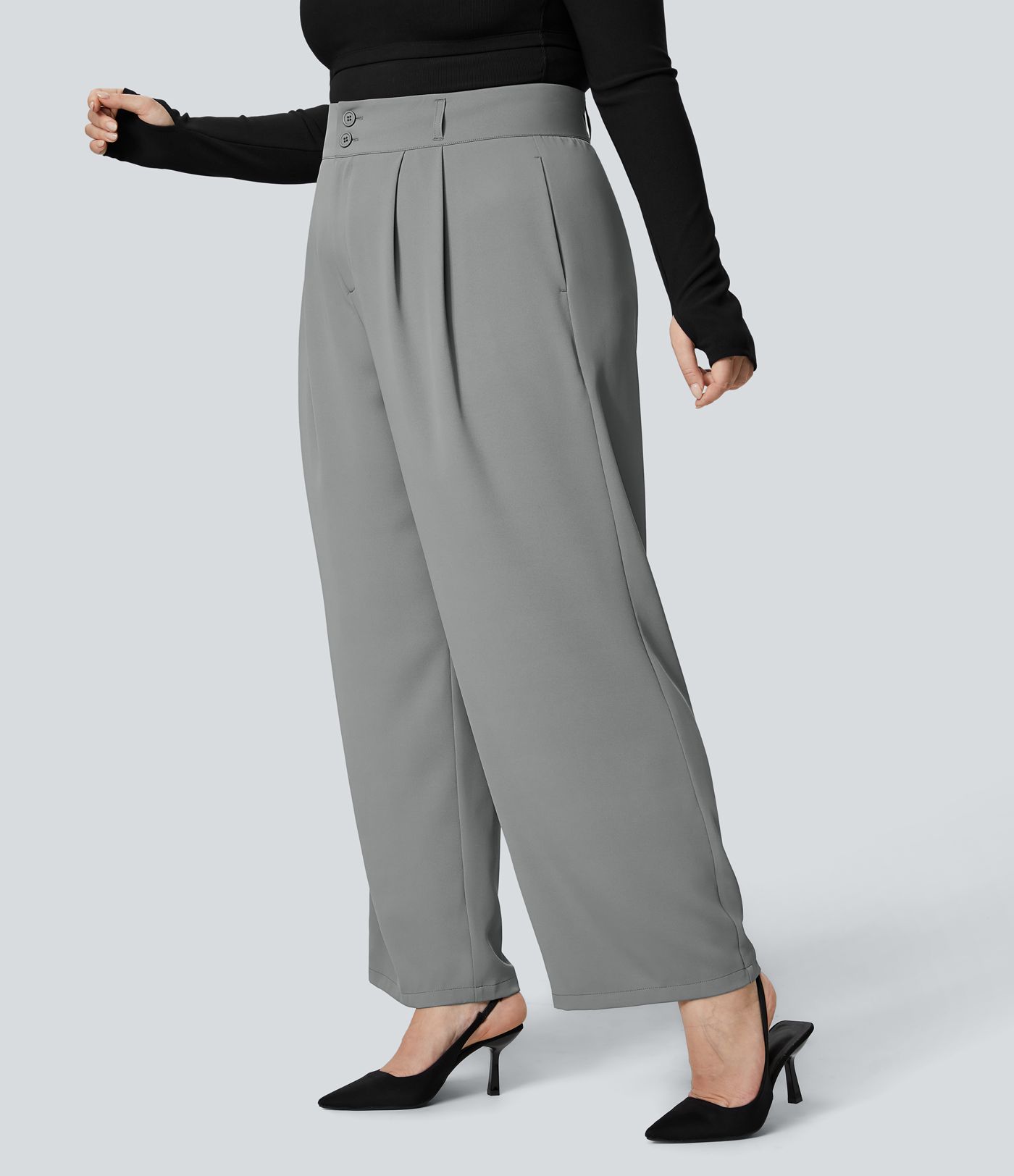 High Waisted Button Zipper Side Pocket Shirred Straight Leg Work Plus Size Pants