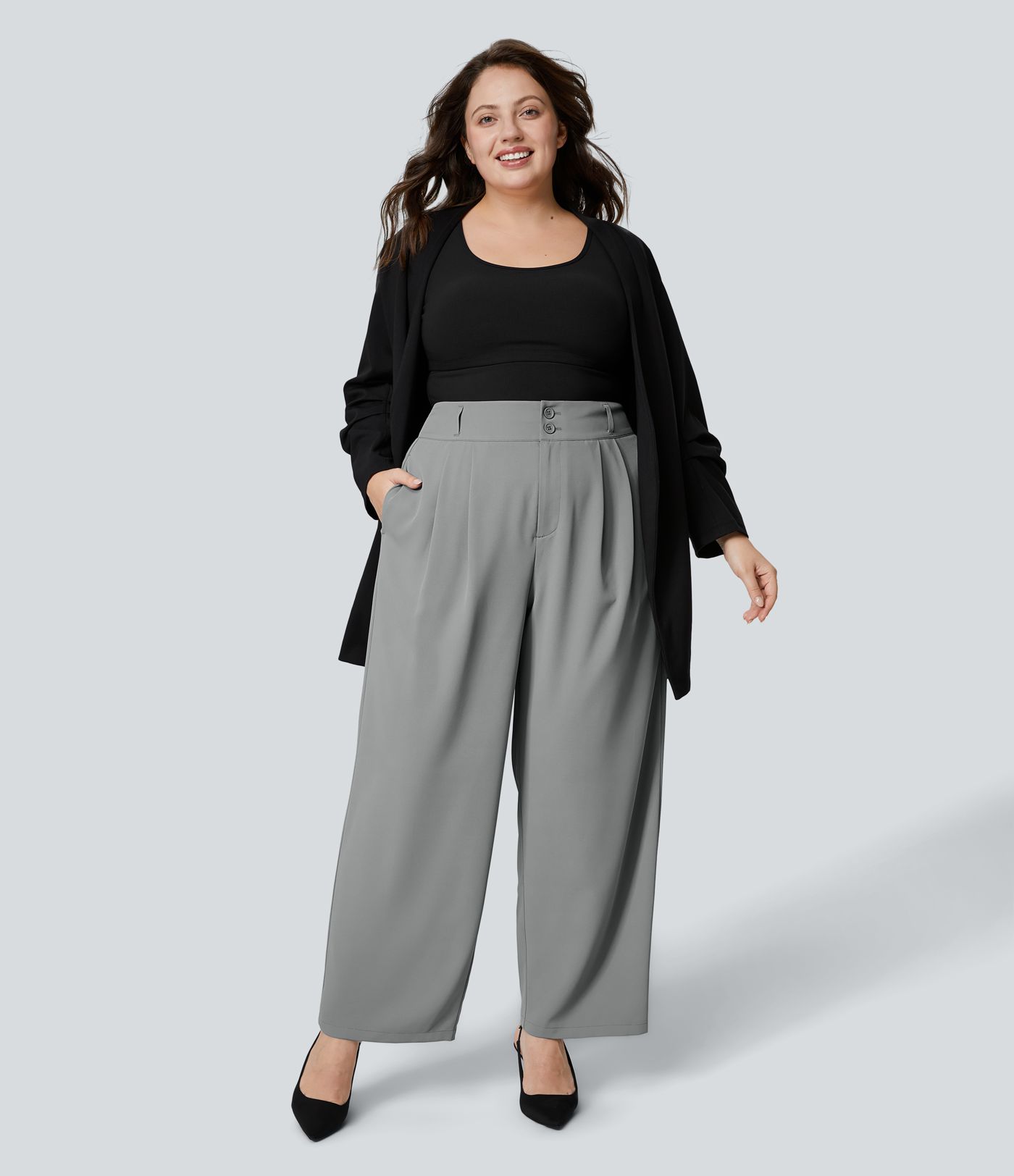 High Waisted Button Zipper Side Pocket Shirred Straight Leg Work Plus Size Pants
