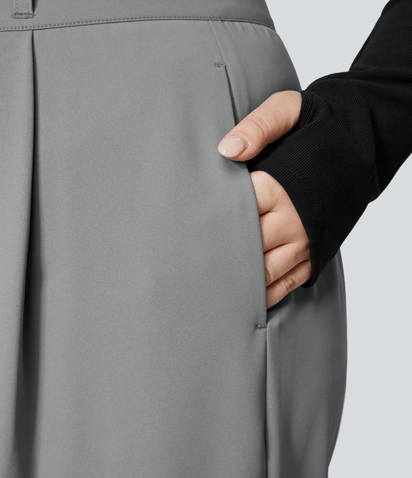 High Waisted Button Zipper Side Pocket Shirred Straight Leg Work Plus Size Pants