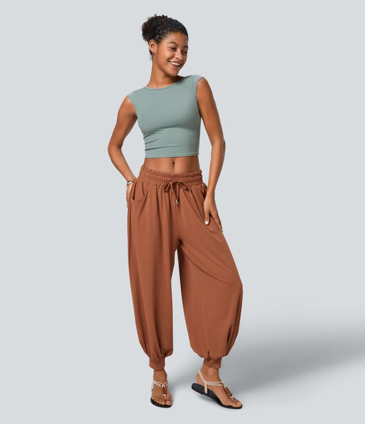 Joggers bohemios bolsillo lateral plisado cordón tiro bajo