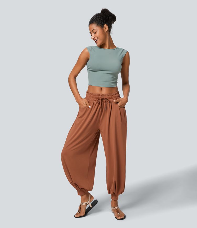 Joggers bohemios bolsillo lateral plisado cordón tiro bajo